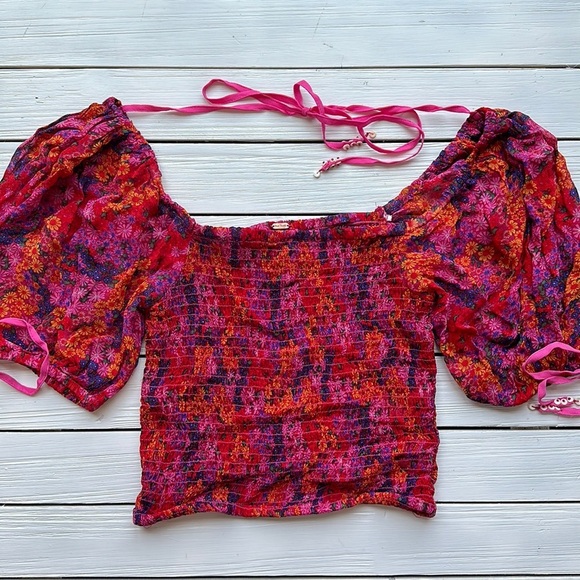 NWOT Free People Smocked Floral Crop Top Hot Pink Multi size XS - Picture 3 of 5